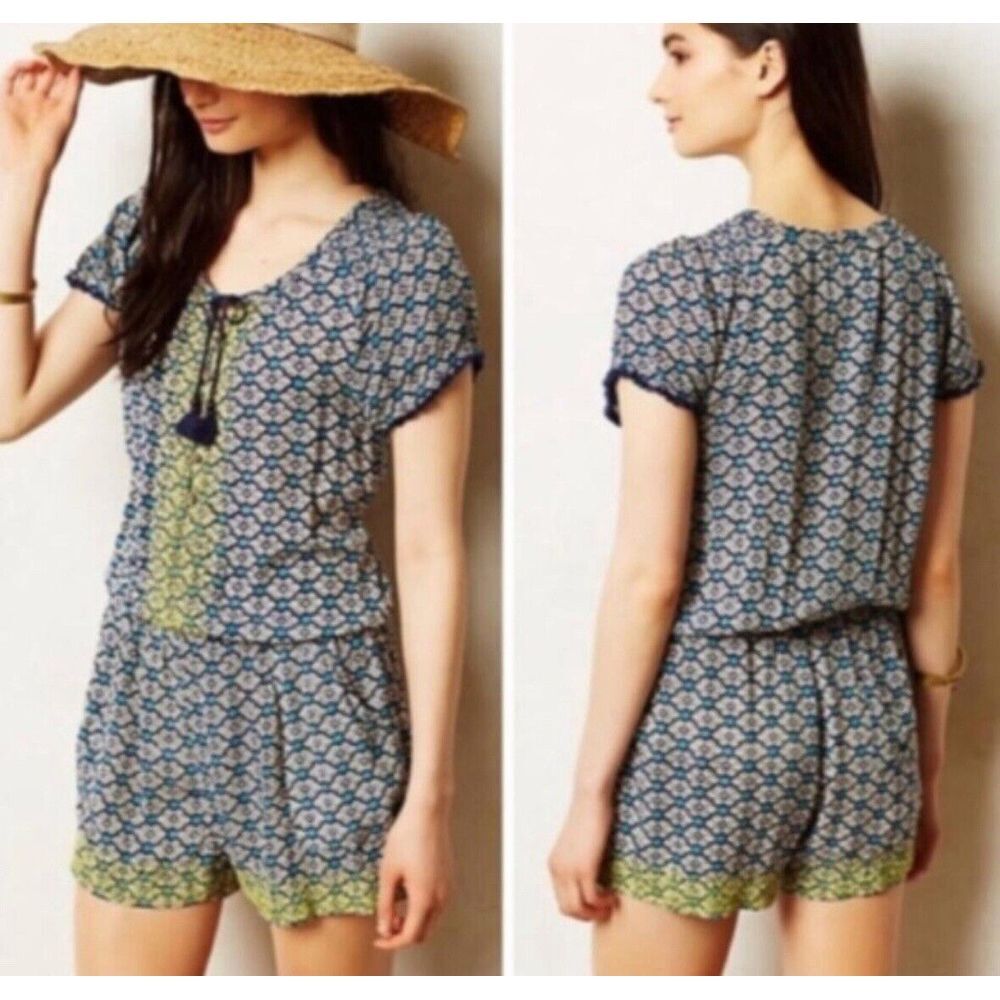 Anthropologie Lilka Womens Short Sleeve Tassel Romper‎ Boho Pockets Size Large